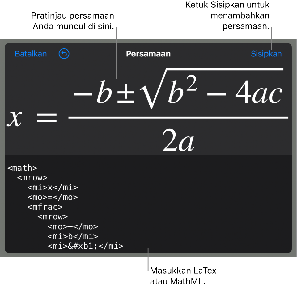 Dialog Persamaan, menampilkan sebuah persamaan ditulis menggunakan perintah MathML, dan pratinjau formula di atas.