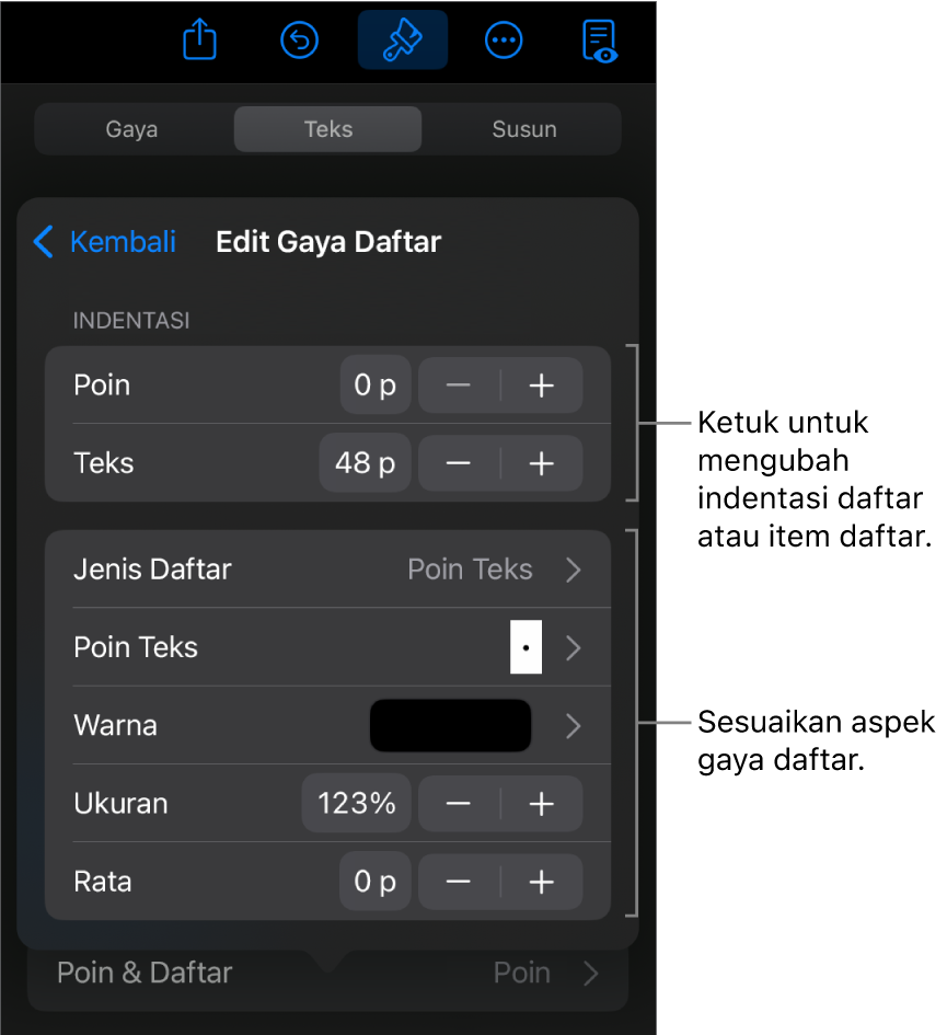 Menu Edit Gaya Daftar dengan kontrol untuk mengedit jenis dan tampilan daftar.