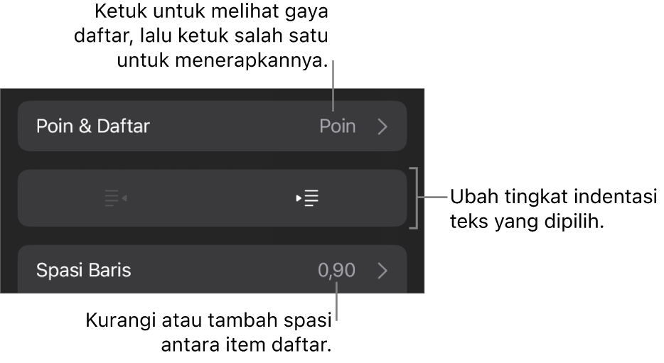 Bagian Poin & Daftar dari kontrol Format dengan keterangan ke Poin & Daftar, tombol indentasi luar dan indentasi dalam, serta kontrol spasi baris.