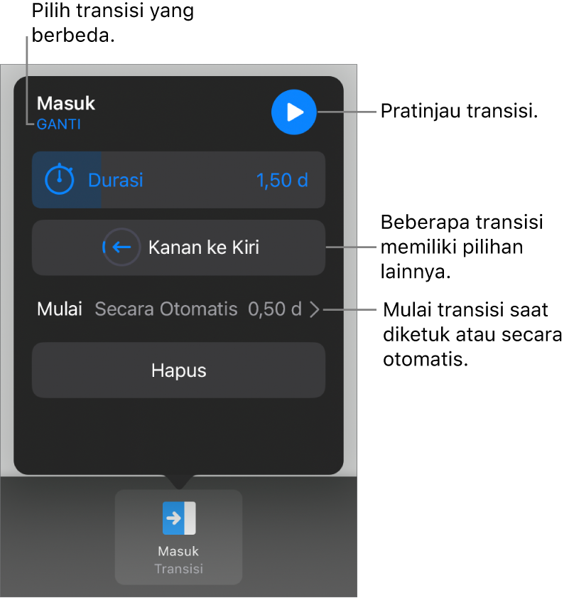 Kontrol di panel Pilihan untuk memodifikasi transisi.