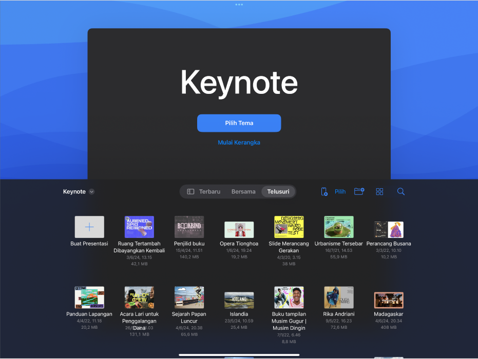 Pengelola dokumen Keynote dengan tombol untuk membuat pertunjukan slide dari tema atau kerangka di bagian atas layar, dan kontrol untuk membuka presentasi tersimpan di bagian bawah.