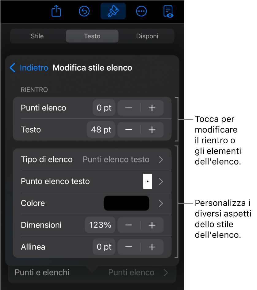 Menu “Modifica stile elenco” con controlli per modificare il tipo e l’aspetto dell’elenco.