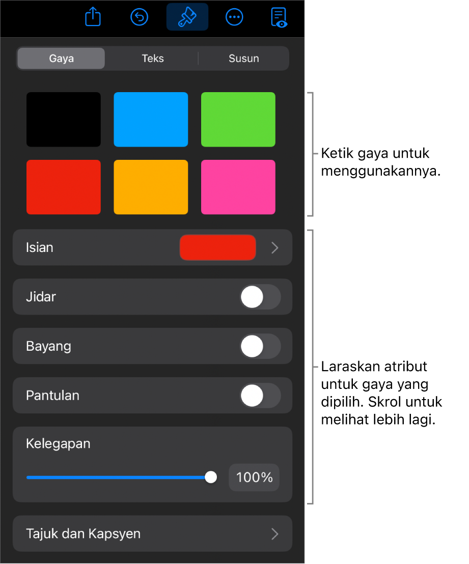 Tab Gaya menu Format dengan gaya objek di bahagian atas dan kawalan di bawahnya untuk menukar jidar, bayang, pantulan dan kelegapan.