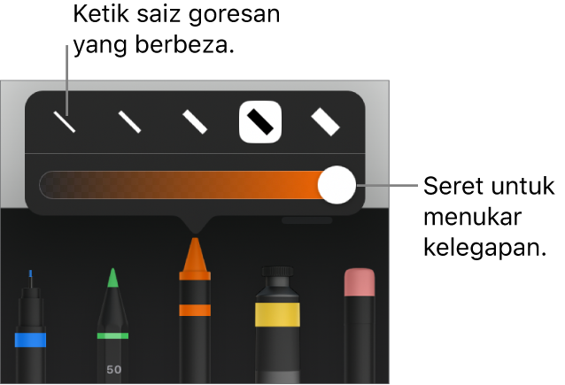 Kawalan untuk memilih saiz goresan dan gelangsar untuk melaraskan kelegapan.