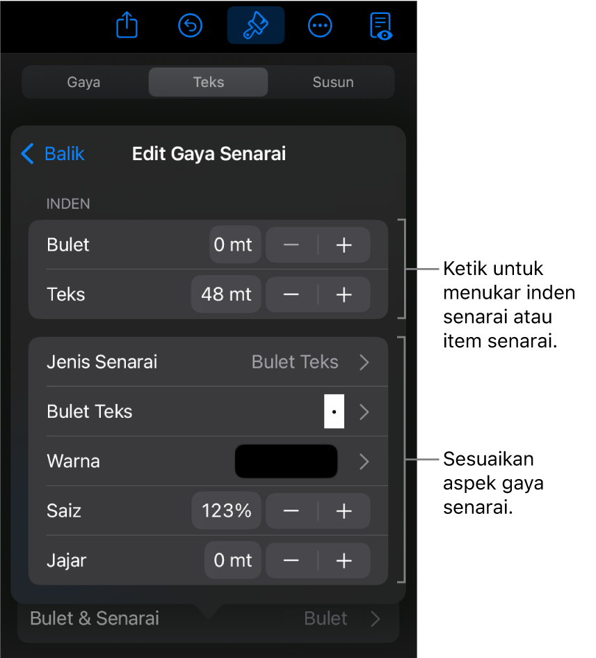 Menu Edit Gaya Senarai dengan kawalan untuk mengedit jenis dan penampilan senarai.