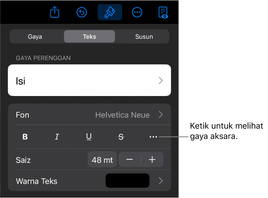 Kawalan Format dengan gaya perenggan di bahagian atas, kemudian kawalan Fon. Di bawah fon ialah butang Tebal, Italik, Garis Bawah, Garis Potong dan Lebih Banyak Pilihan Teks.