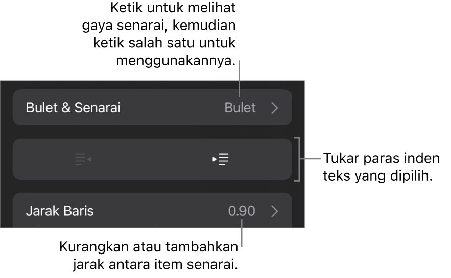 Bahagian Bulet & Senarai daripada kawalan Format dengan petak bual ke Bulet & Senarai, butang outden dan inden serta kawalan jarak baris.