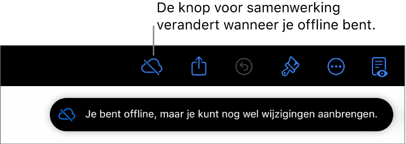 De knoppen boven in het scherm, met de knop voor samenwerking die is veranderd in een wolk met een schuine streep. De volgende melding staat op het scherm: 'Je bent offline, maar je kunt nog wel wijzigingen aanbrengen.'