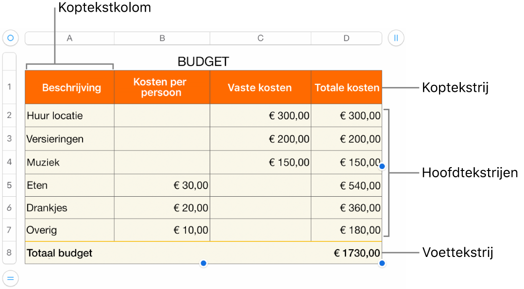 Een tabel met koptekst-, hoofdtekst- en voettekstrijen en -kolommen en selectiegrepen voor het toevoegen of verwijderen van rijen en kolommen.