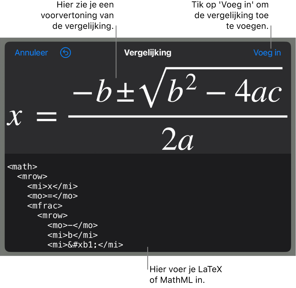 Het venster 'Vergelijking' met daarin een vergelijking die geschreven is met MathML-commando's en erboven een voorvertoning van de formule.