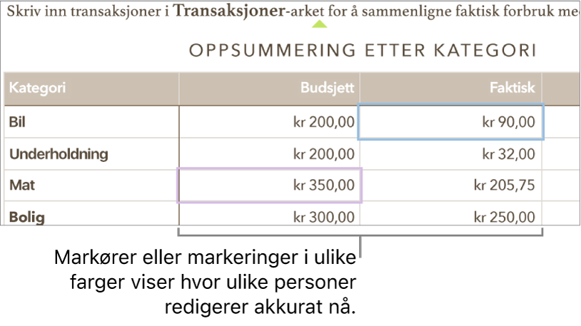 Markører eller markeringer i forskjellige farger viser hvor andre redigerer.