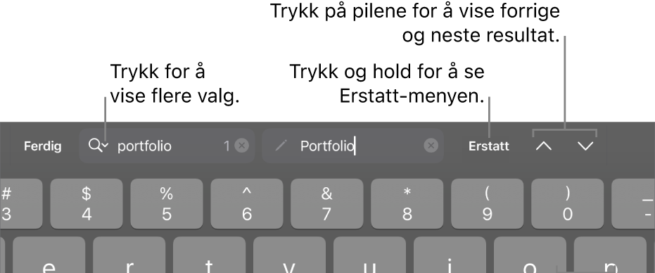 Søk og erstatt-kontrollene over tastaturet med bildebeskrivelser for knappene for Søkealternativer, Erstatt, Gå opp og Gå ned.