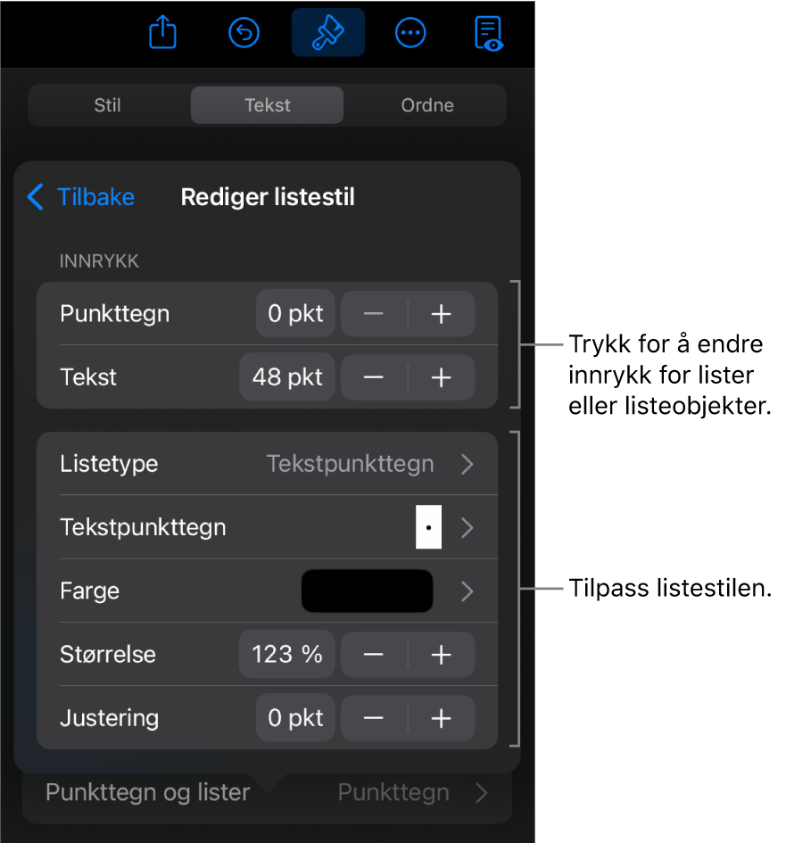 Rediger Listestil-menyen med kontroller for å redigere listetype og listeutseende.