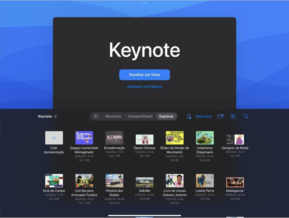 O gerenciador de documentos do Keynote com botões para criar uma apresentação de slides a partir de um tema ou lista de tópicos no topo da tela e controles para abrir apresentações salvas na parte inferior.