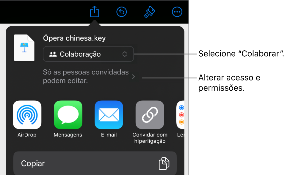 O menu "Partilha” com “Colaboração” selecionada na parte superior e as definições de acesso e permissão por baixo.