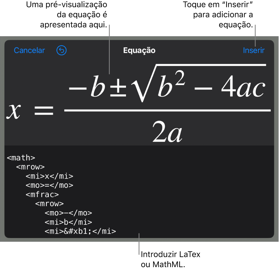 A caixa de diálogo “Equação”, apresentando uma equação escrita com recurso aos comandos MathML e uma pré-visualização da fórmula em cima.