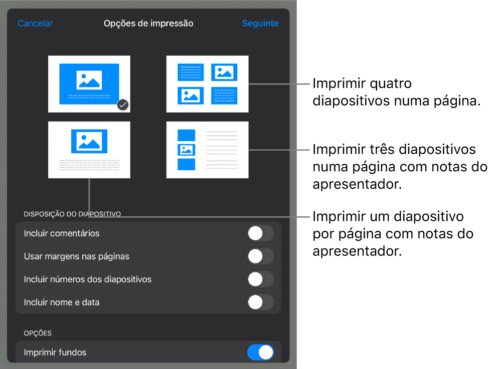 Opções de disposição de impressão.