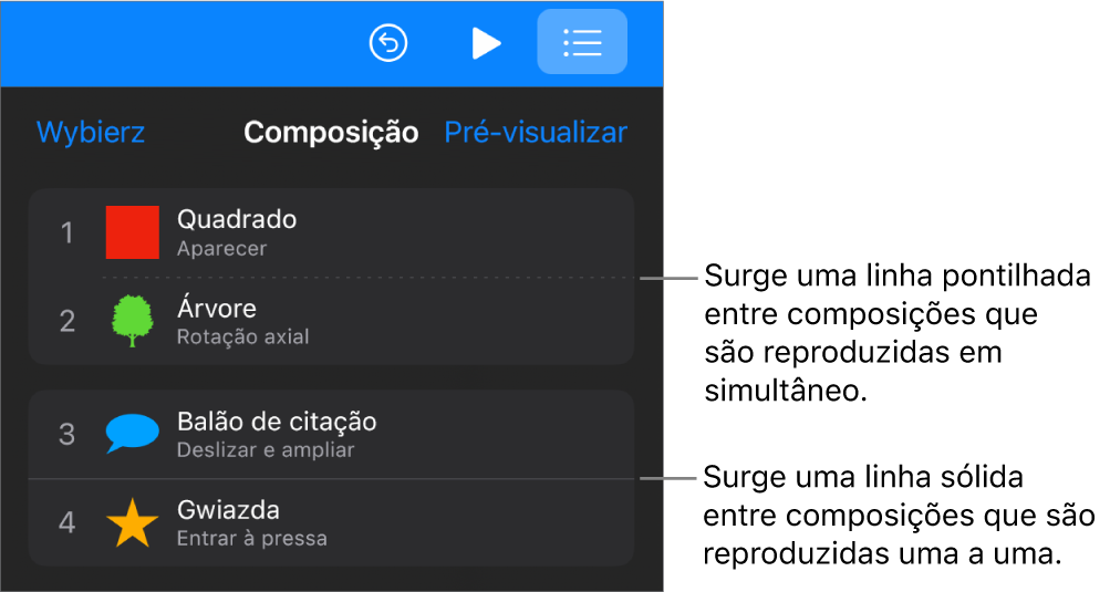 O menu “Composição”, com uma linha pontilhada que aparece entre composições que são reproduzidas simultaneamente e uma linha sólida entre composições que são reproduzidas individualmente.