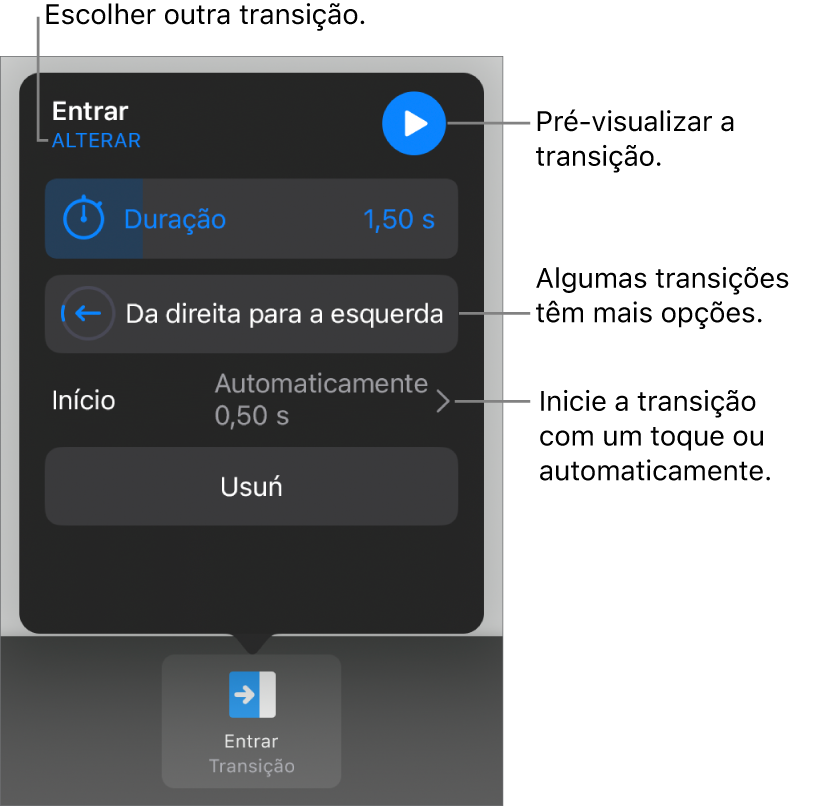 Controlos no painel de opções para modificar as transições.