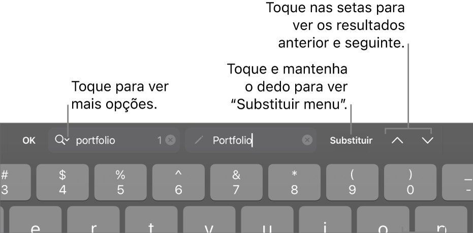 Os controlos “Procurar e substituir” acima do teclado com chamadas para os botões “Opções de pesquisa”, “Substituir”, “Ir para cima” e “Ir para baixo”.