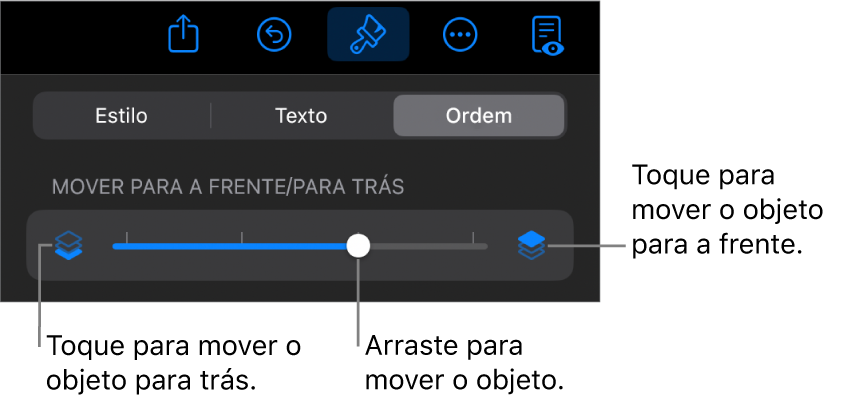 O botão “Mover para trás”, o botão “Mover para a frente” e o nivelador da camada.