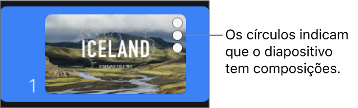 Um diapositivo com três círculos no canto superior direito a indicar que o diapositivo tem composições.