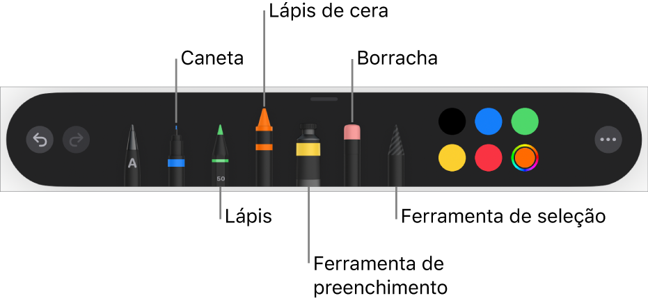 As barra de ferramentas de desenho com uma caneta, lápis, lápis de cera, ferramenta de preenchimento, borracha, ferramenta de seleção e o seletor de cores a apresentar a cor atual.