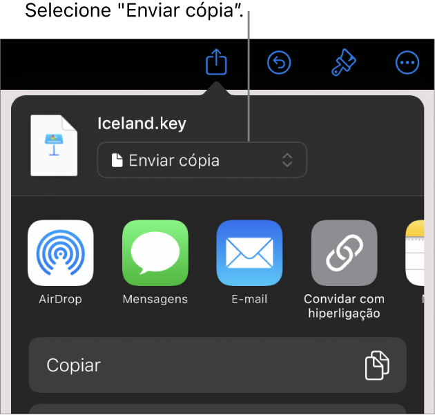 O menu “Partilhar” com “Enviar cópia” selecionada na parte superior.