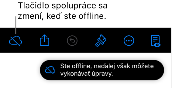 Tlačidlá v hornej časti obrazovky s tlačidlom Spolupráca zmeneným na obláčik s diagonálnou čiarou. Upozornenie na obrazovke s oznámením Ste offline, ale naďalej môžete upravovať.