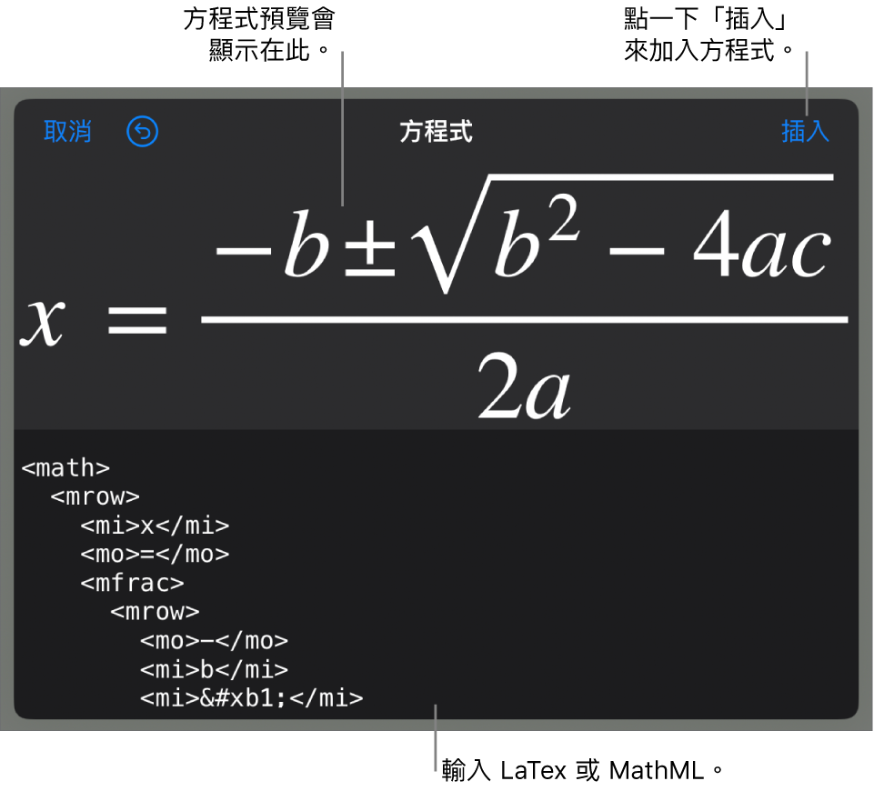 「方程式」對話框，顯示使用 MathML 指令寫入的方程式，上方是公式的預覽。