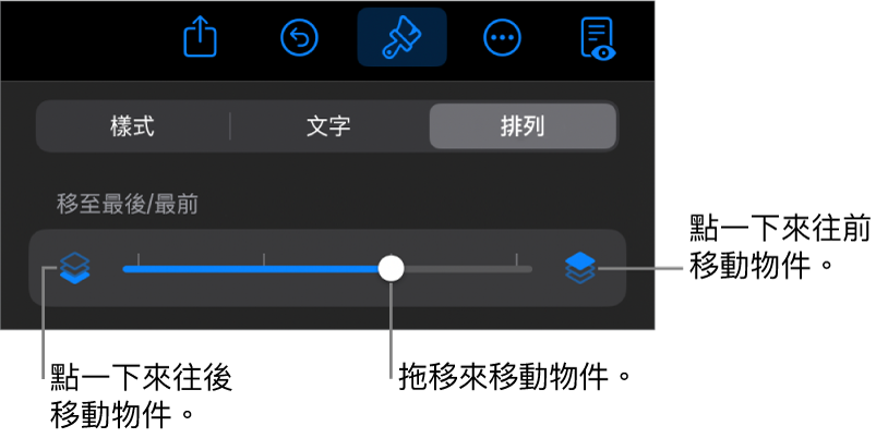 「後移」按鈕、「前移」按鈕及分層滑桿。