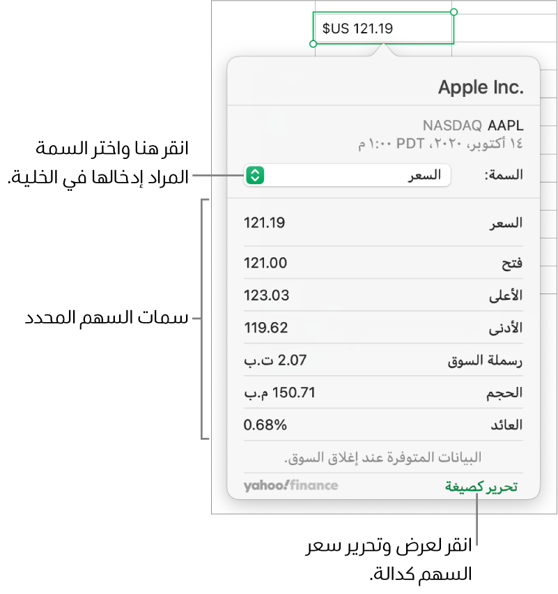 مربع حوار إدخال معلومات سمة السهم، مع تحديد Apple كسهم.