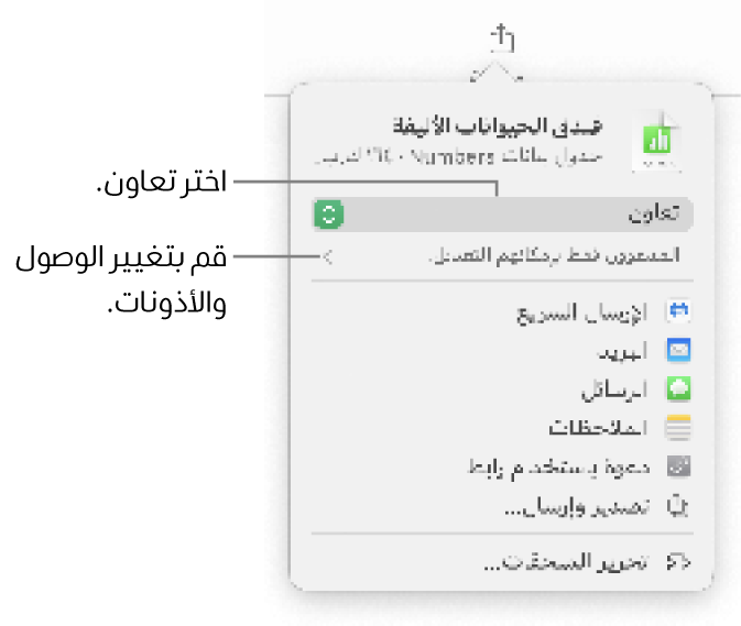 القائمة مشاركة حيث يظهر بها الخيار تعاون محددًا في الجزء العلوي، وإعدادات الوصول والأذونات في الجزء السفلي.