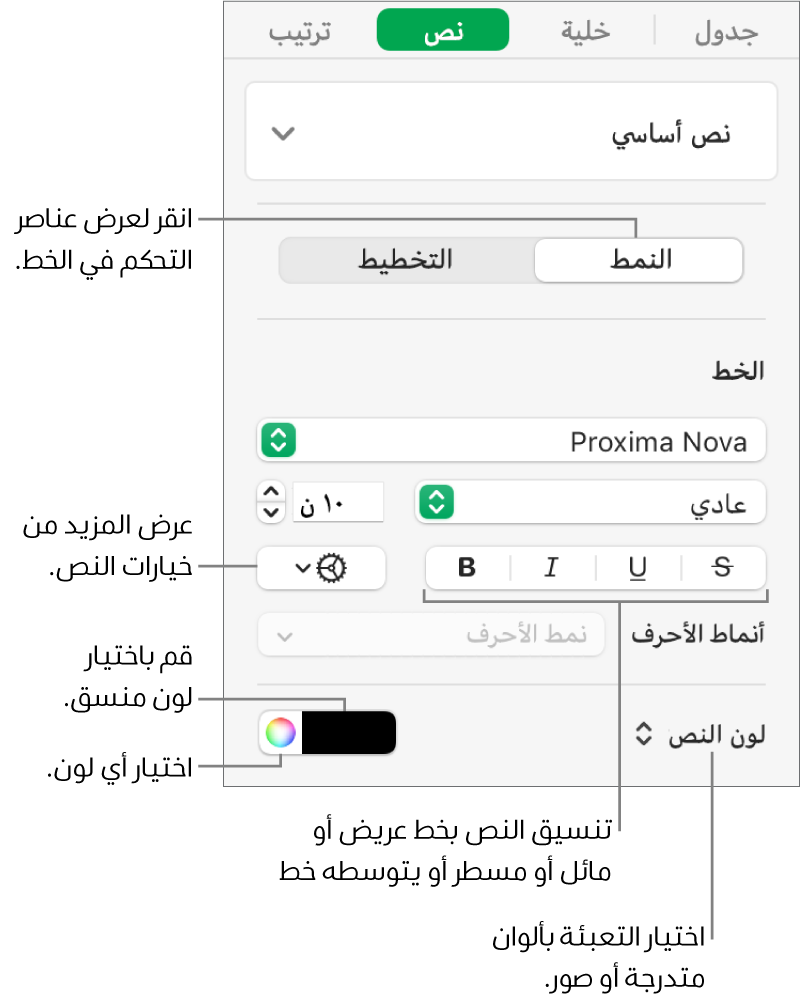 عناصر التحكم الخاصة بتطبيق أنماط نص الجدول.