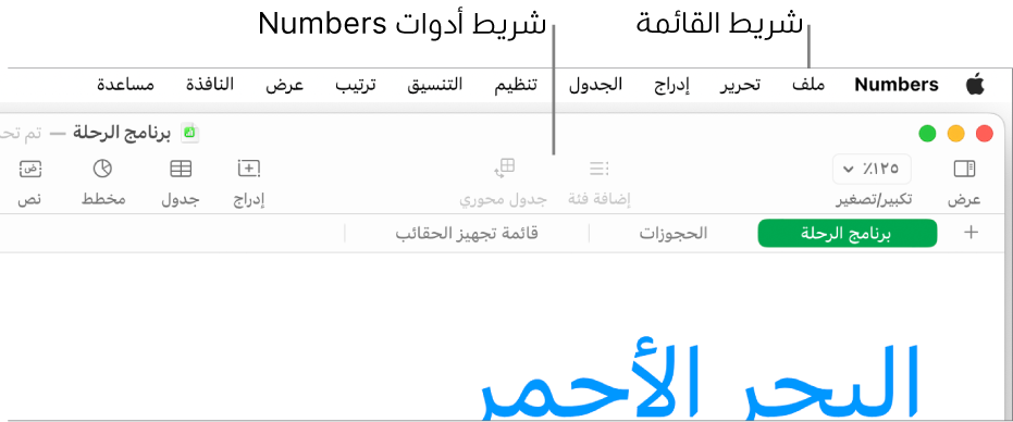 شريط القائمة في الجزء العلوي من الشاشة وبه قوائم Apple و Numbers وملف وتعديل وإدراج وجدول وتنظيم وتنسيق وترتيب وعرض ونافذة ومساعدة. أسفل شريط القائمة يوجد جدول بيانات Numbers مفتوح به أزرار شريط الأدوات على طول الجزء العلوي لكل من عرض وتكبير/تصغير وإضافة فئة وجدول محوري وإدراج وجدول ومخطط ونص.