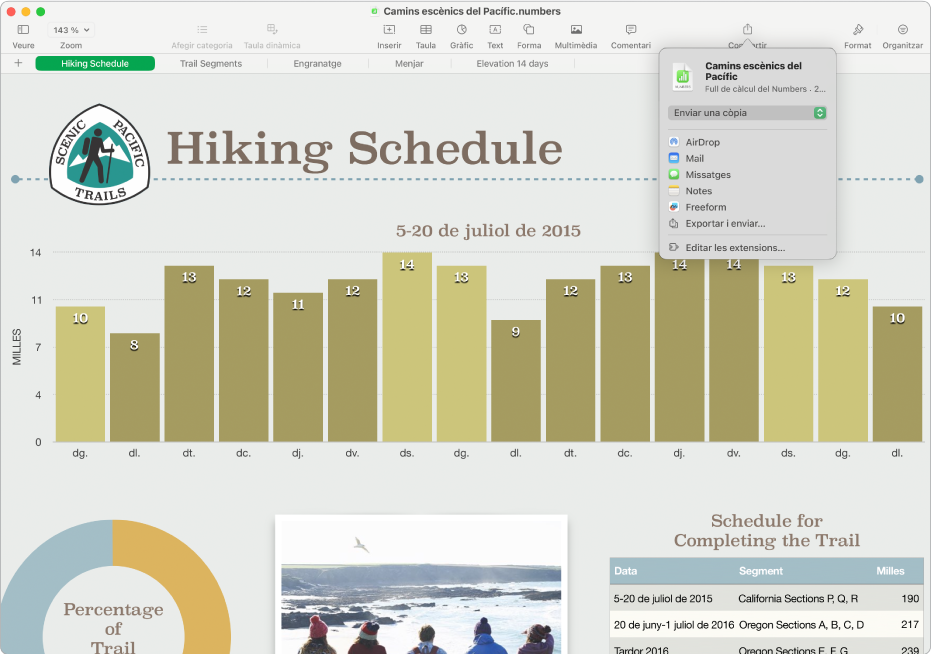 La finestra del Numbers amb el menú de compartir en què es veuen les opcions per enviar una còpia del full de càlcul o per exportar‑lo en un format diferent i enviar‑lo.