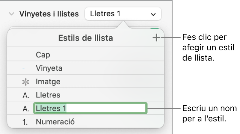 El menú emergent “Estils de llista”, amb un botó “Afegeix” a l’angle superior dret i un nom d’estil de marcador de posició amb el seu text seleccionat.