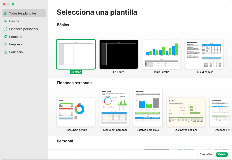 El selector de plantilles. Barra lateral a l’esquerra que mostra la llista de categories de plantilles que pots clicar per filtrar opcions. A la dreta hi ha miniatures de plantilles predissenyades ordenades en files per categoria: la primera, a la part superior, és “Bàsiques”, seguida per “Finances personals” i “Personal”. Els botons “Cancel·la” i “Crea” són a l’angle inferior dret.