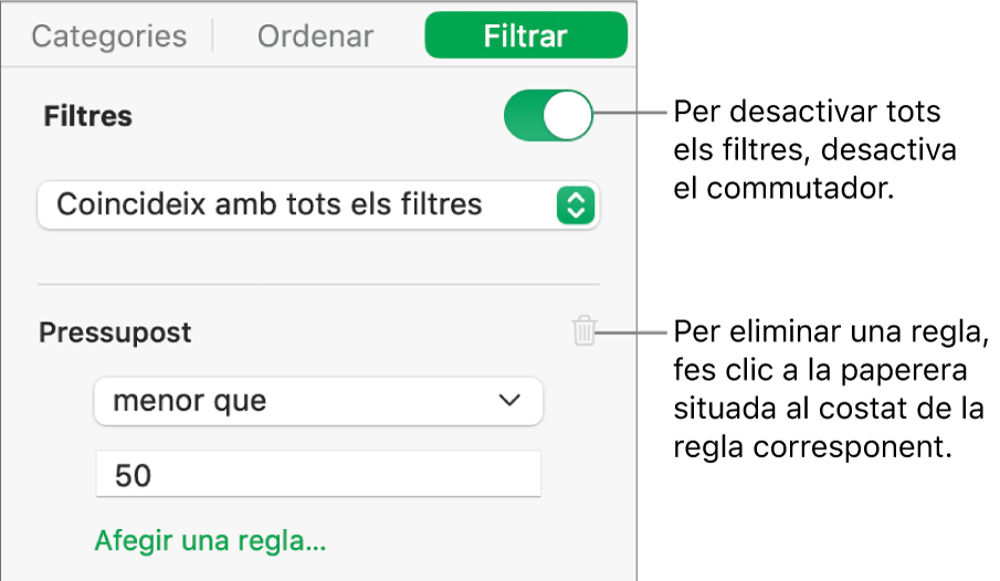 Controls per eliminar un filtre o desactivar-los tots.