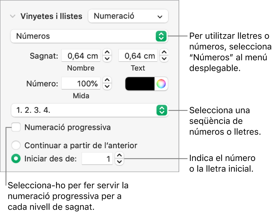 Controls per canviar l’estil dels números i l’espaiat d’una llista.