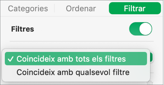 Menú desplegable per seleccionar entre les files mostrades que coincideixin amb tots els filtres o amb algun.