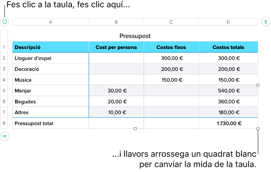 Una taula seleccionada, amb quadres blancs per canviar‑ne la mida.