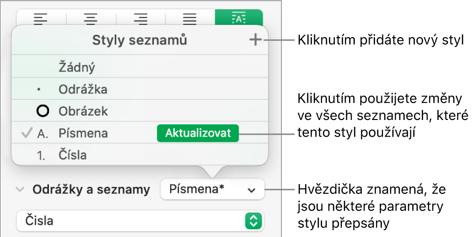 Místní nabídka Styly seznamů s hvězdičkou, která informuje o existenci přepisu, a s popisky u tlačítka Nový styl a podnabídky voleb pro správu stylů