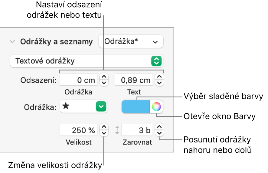 Sekce Odrážky a seznamy s popisky ovládacích prvků pro odsazení odrážek a textu, barvu odrážek, jejich velikost a zarovnání