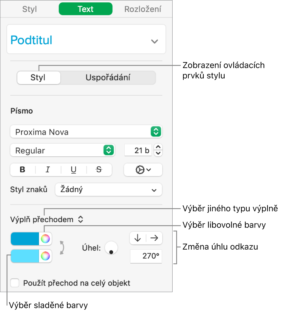 Boční panel Text se znázorněním způsobu, jak změnit barvu textu