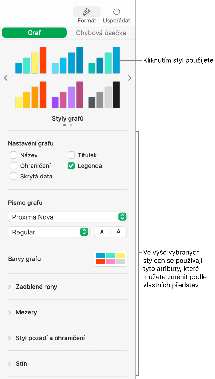 Boční panel Formát s ovládacími prvky pro formátování grafů