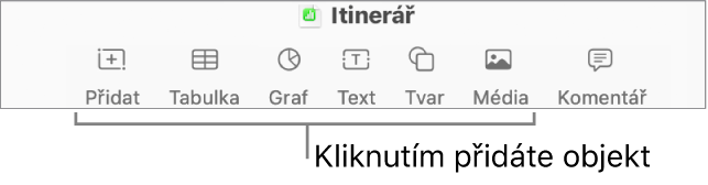 Okno Numbers s popisky tlačítek objektů na panelu nástrojů