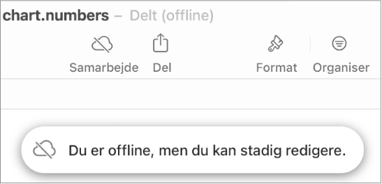 En besked på skærmen med teksten “Du er offline, men du kan stadig redigere”.