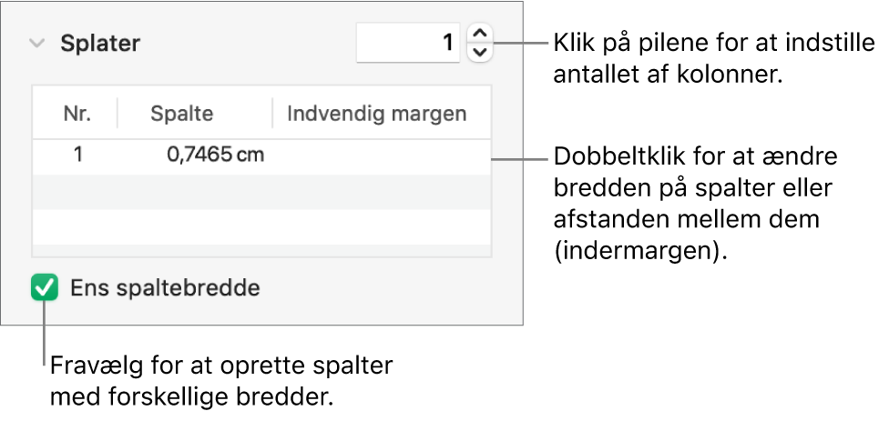 Betjeningsmuligheder under spalter til ændring af antallet af spalter og bredden på hver spalte.