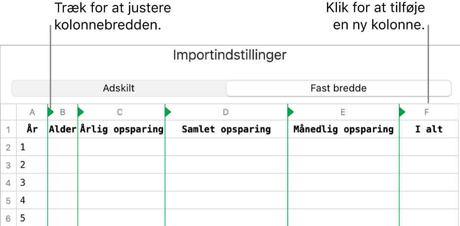 Importindstillingerne til et tekstarkiv med fast bredde.